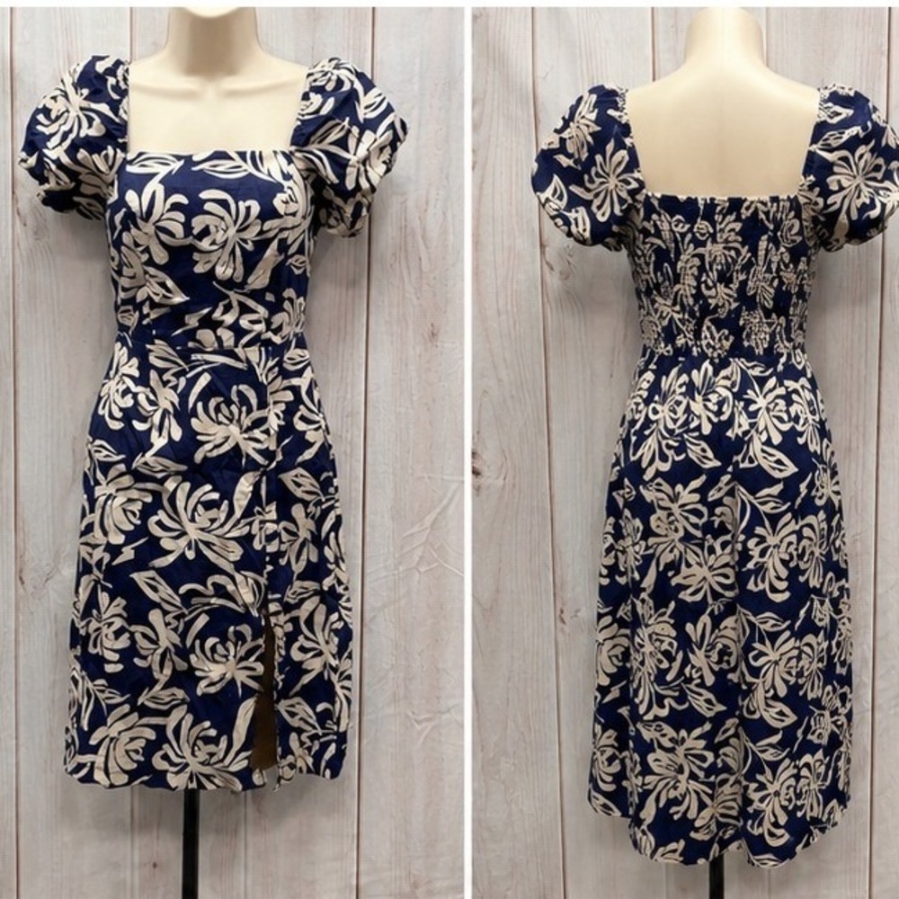 Monteau Los Angeles Navy Blue Floral Puff Sleeve Smocked Midi Dress XS Slit - Picture 2 of 4